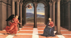 Raphael'in Perugia, İtalyadaki Oddi ailesi şapelindeki kilisenin sunağı için yaptığı Oddi Altar'dan bir detay - Duyuru eseri.